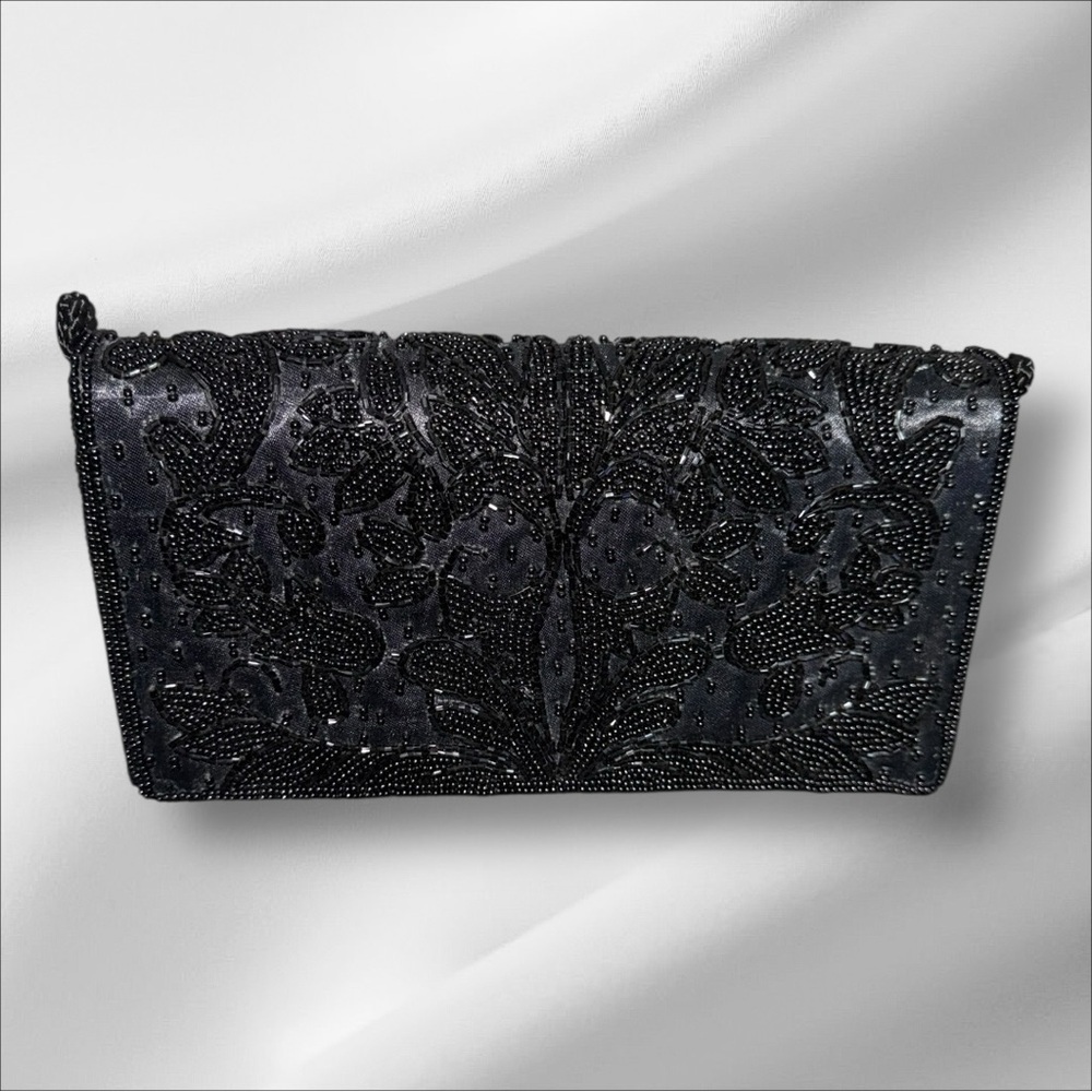 Vintage Valerie Stevens EUC Black Bead Satin Evening Bag Clutch - Picture 6 of 7